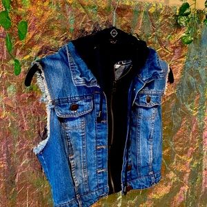 Vintage Denim Hooded Zip up Vest